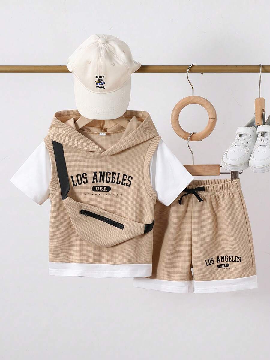 2pcs/Set Young Boy Casual Slogan Print Waffle Patchwork Short Sleeve Hoodie T-Shirt & Shorts + Chest Bag Suit, Suitable For Summer Outdoor, Casual Sports, Daily School Wear - Khaki - View 1