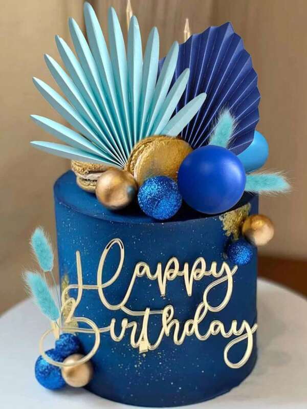 38pcs Foam Ball Cake Decorations, Paper Faux Palm Leaf Cake Decorations, Birthday Wedding Babyshower Party Supplies (Blue), Blue Theme Cake Decorations,Men's Cake Decorations