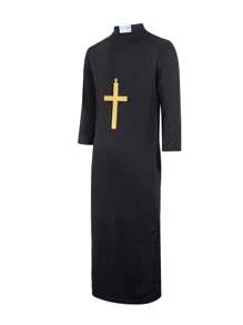 1 Stück schwarzes Priester-Kostüm für Erwachsene, Männer Geistlicher Minister Robe Horror Rollenspiel Outfit mit Kreuz für Halloween