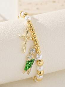 1 pièce Bracelet avec pendentif croix et perles, accessoire favori des clients, motif mode Saint-Jude. Convient pour un port quotidien ou festif, idéal pour une tenue décontractée ou en cadeau. Design minimaliste, plaqué or.