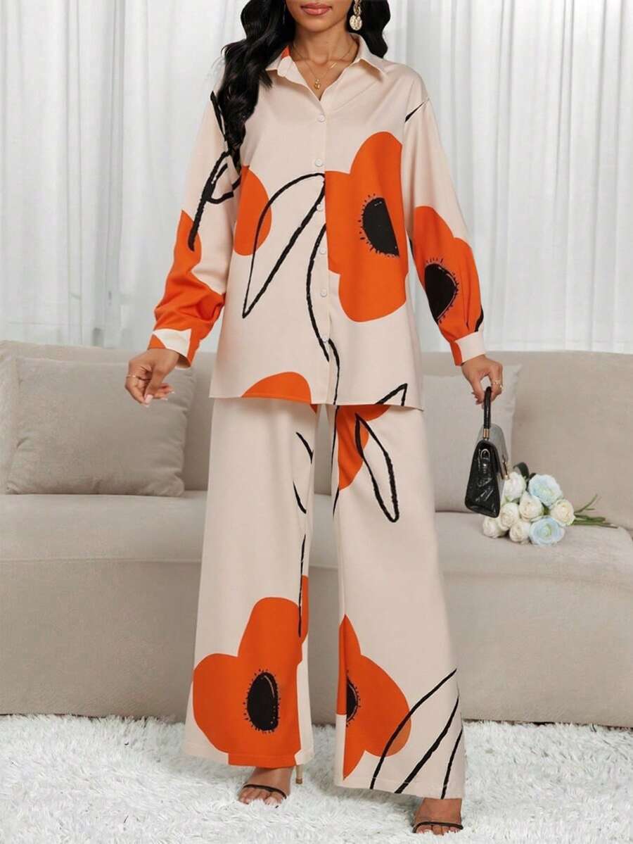 SHEIN Lady 2 件套女式秋季长袖花卉印花开学主题衬衫两件套女式度假两件套 - 彩色 - 查看 1