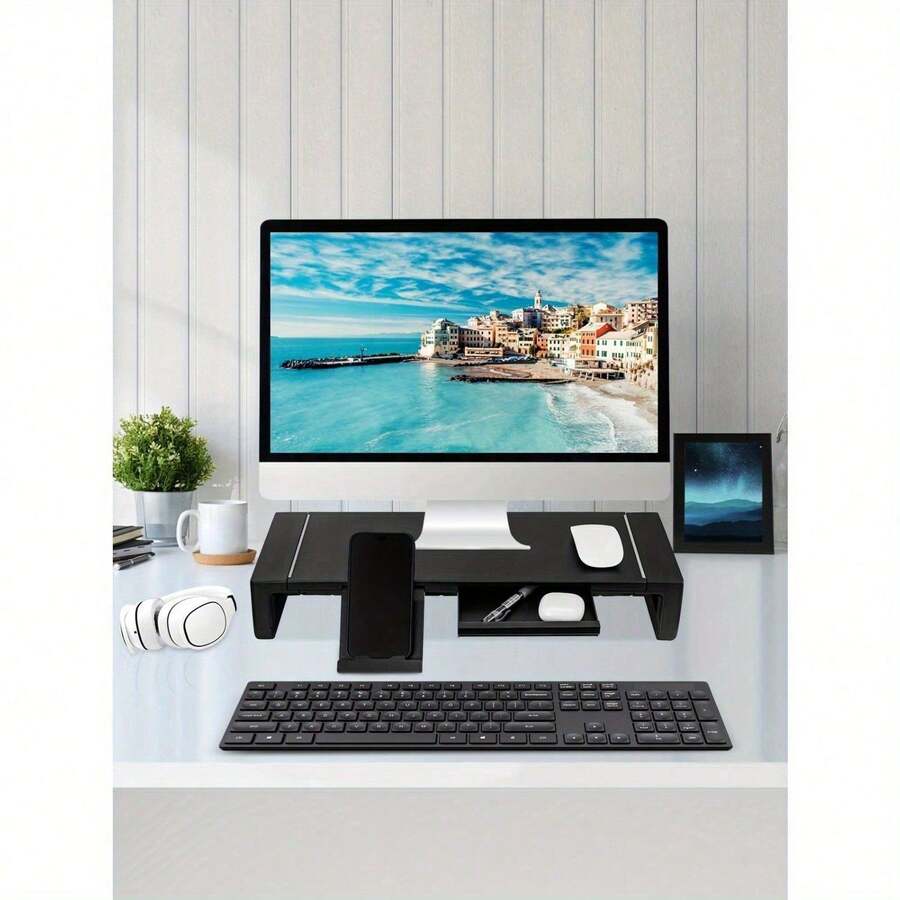 Computer Monitor Stand, Adjustable Monitor Riser Stand With Smartphone&Tablet Stand Holder, Foldable Width Monitor Stand For Computer, Laptop, Printer, Mesh Surface (White) - Black - View 1