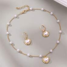 1pc Necklace & 1 Pair Earrings Fashion Elegant Simple Faux Pearl & Starfish Shell Design Jewelry Set, Suitable For Beach, Travel, Holiday, Summer Wear