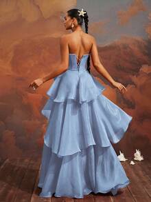 VIPGIRL Elegant Blue Strapless Bow-Tiered High Slit Gown, Floor-Length Formal Evening Dress, Women's Prom Dress, Chic Cocktail Party Dress, Glamorous Banquet Gown, Women Formal & Evening Dresses,Princess Style Bridesmaid Dress,Wedding Guest Dress - 藍色 - 查看 2