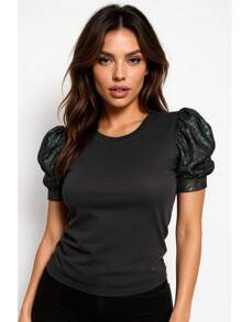 Blusa Camiseta Mujer Elegante Sexy Manga Farol Corta Decorativas con Brillos Cuello Redondo Reunion Primavera Verano Moda