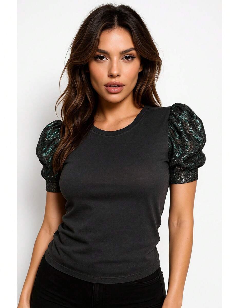 Blusa Camiseta Mujer Elegante Sexy Manga Farol Corta Decorativas con Brillos Cuello Redondo Reunion Primavera Verano Moda