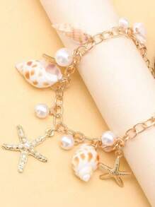 1 件女士波西米亚风格金属珍珠海星贝壳手链，海滩度假时尚配饰，金色，适合女士