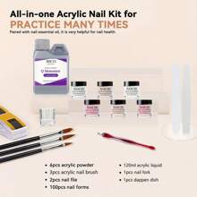 6 pièces Ensemble de faux ongles en acrylique complet - Liquide et poudre acrylique non jaunissants avec accessoires de nail art | Kit de manucure professionnel et DIY pour des extensions longue durée
