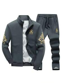 男士休闲商务花卉缎面字母印花立领拉链长袖羊毛夹克和抽绳腰长裤套装，秋冬 - 深灰色 - 查看 1