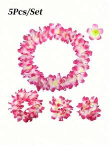 5 件/套，夏威夷花环头带腕带鸡蛋花发夹热带卢奥项链头饰手链花发夹发带女士婚礼夏季海滩生日装扮派对装饰用品