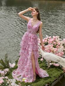 Faeriesty Luxe Elegant Beaded Tulle Evening Gown With Deep V-Neck & Sleeveless Design - Floral Embroidered Formal Dress For Galas, Wedding Banquets & High-End Parties