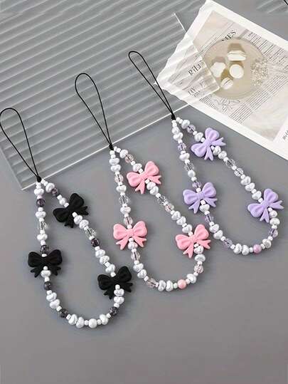 1pc Multi-Color Beaded Bow Charm Phone Strap, Handmade Pearl Decoration, Suitable For Phone Cases And Bag Decor