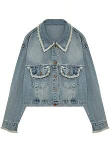 Chaqueta vaquera corta de estilo retro americano con bordes deshilachados, diseño nuevo para mujeres de baja estatura, chaqueta con estilo portuario. - Azul - Ver 7