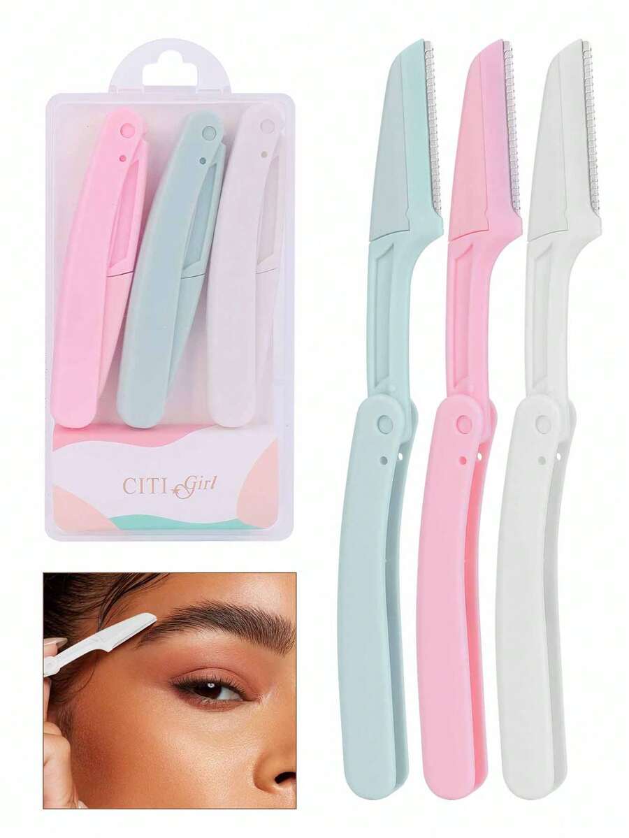 3-teiliges Set aus rostfreiem Stahl Augenbrauen-Rasierer - parfümfreies multifunktionales Körperhaartentfernungswerkzeug, klappbar und tragbar, kratzfest, praktisch zum Augenbrauen Rasieren, ohne Zubehör.