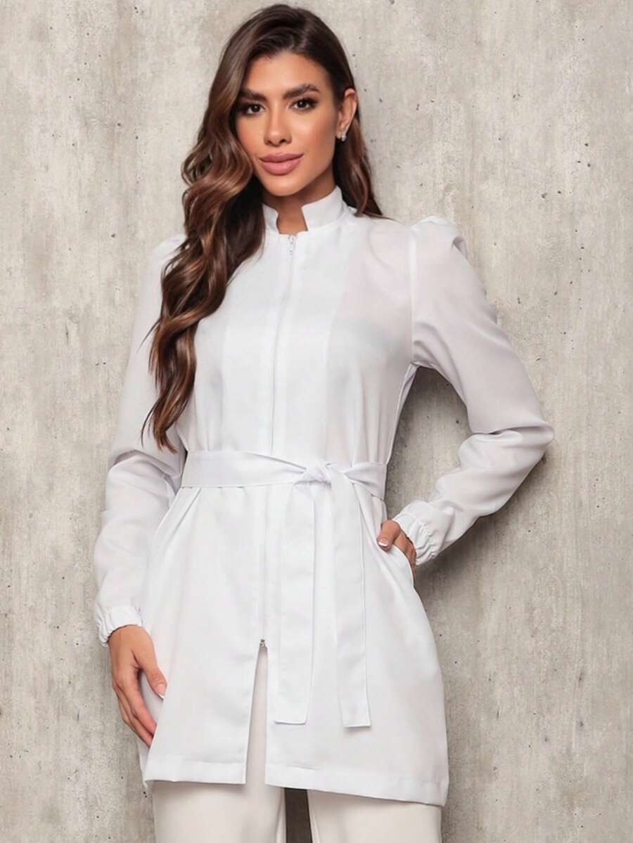 Women's White Long Sleeve Lab Coat With Priest Collar And Zipper Marcela - White - View 1