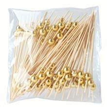 20/50/100/200/400 piezas Elegantes palillos de bambú para frutas con cuentas doradas en la parte superior - Perfectos para aperitivos, bebidas, frutas, canapés y bodas, decoración de bodas | Elegantes tenedores dorados para frutas | Palitos de bambú duraderos para bandejas de frutas y talla grande - Multicolor - Ver 4