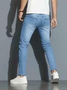 Men's Light Blue Stretch Washed Jeans - Blue - View 3