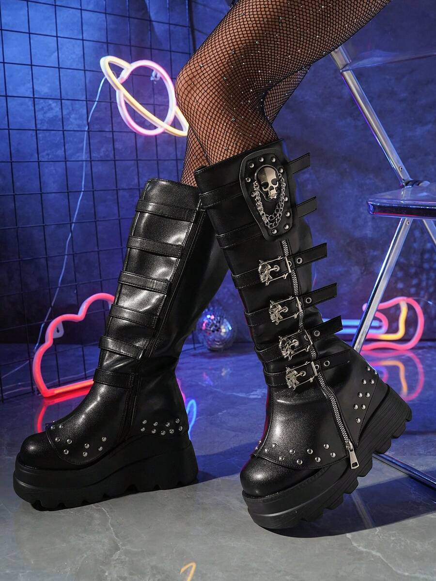 Women's Gothic Thick Sole Mid-Calf Boots With Skull Buckle, Punk Style Sexy Rider Boots, Fashion Ladies Boots - Black - View 1