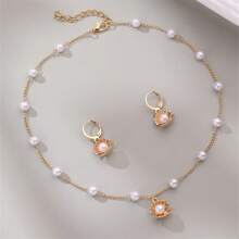 1pc Necklace & 1 Pair Earrings Fashion Elegant Simple Faux Pearl & Starfish Shell Design Jewelry Set, Suitable For Beach, Travel, Holiday, Summer Wear