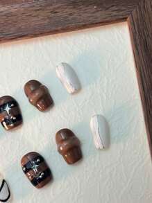 Adicione um toque romântico com 10 unhas postiças quadradas curtas, novas, com linhas marrons não padronizadas combinadas com cores nuas, decoração tridimensional para uso europeu, kit completo de unhas acrílicas falsas, adequado para mulheres e garotas, bem como casamentos, e 1 Peça Lixa de unha mini e 1 Peça Folha de adesivos