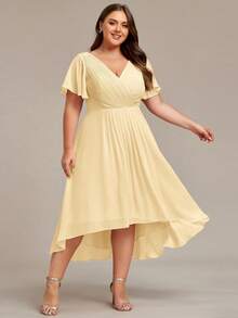 Plus Size Chiffon V-Neck Ruffle Sleeve A-Line Mid-Length Wedding Guest Dress, Yellow Bridesmaid Dress - Yellow - View 4