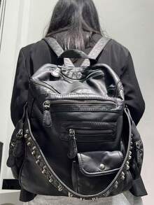 Ladies' Fashionable Y2K Vegan Leather Backpack With Large Capacity, Vintage And Spicy Girl Made Old Shoulder Bag, Multiple Pockets, Rivet Women's Wallet Suitable For Daily Commuting, Is A Perfect Holiday Gift - màu đen - Xem 1