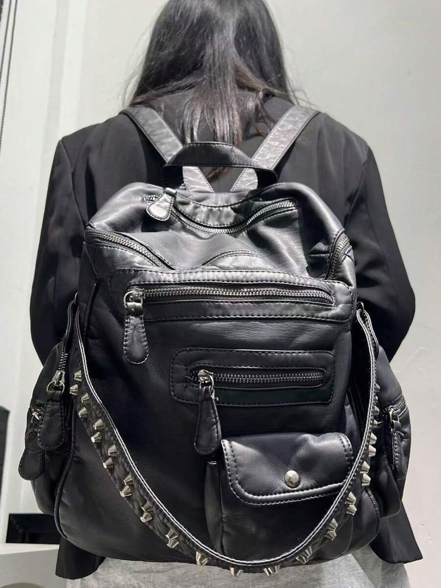 Ladies' Fashionable Y2K Vegan Leather Backpack With Large Capacity, Vintage And Spicy Girl Made Old Shoulder Bag, Multiple Pockets, Rivet Women's Wallet Suitable For Daily Commuting, Is A Perfect Holiday Gift - màu đen - Xem 1