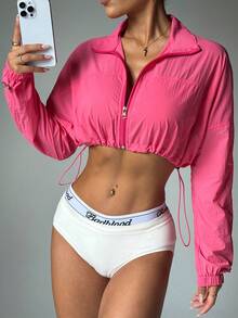 Áo khoác thể thao nhẹ chống gió - Có thể đóng gói, viền rút, khóa kéo thể thao - Áo hoodie chạy bộ mùa xuân và mùa thu - Màu Hồng  Dưa hấu - Xem 5