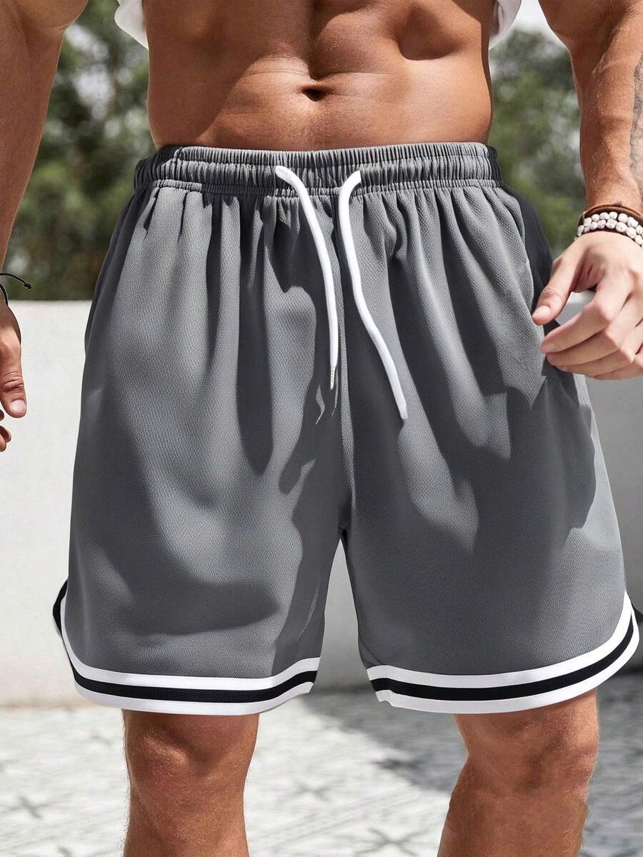 Men's Basketball Style Drawstring Casual Shorts, Contrast Color Trim Design Sports - Grey - View 1