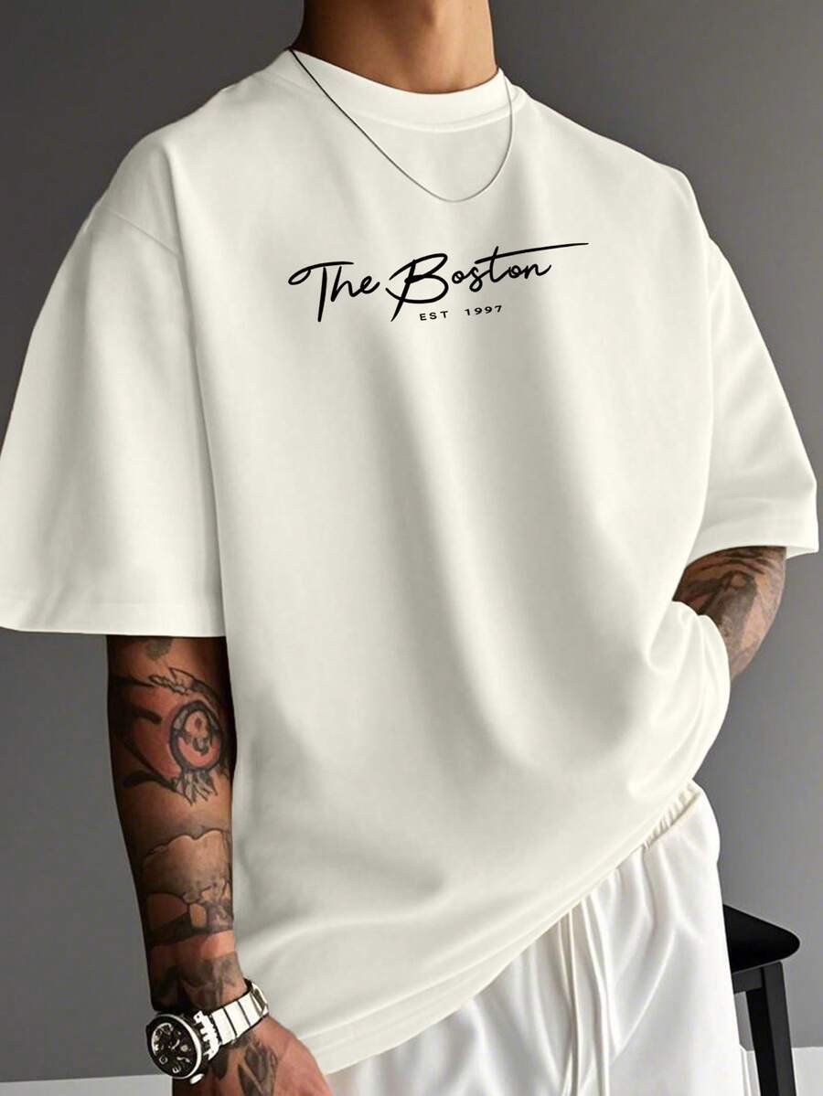 Men's Casual Slogan Print Loose Round Neck Short Sleeve T-Shirt - 杏色 - 查看 1