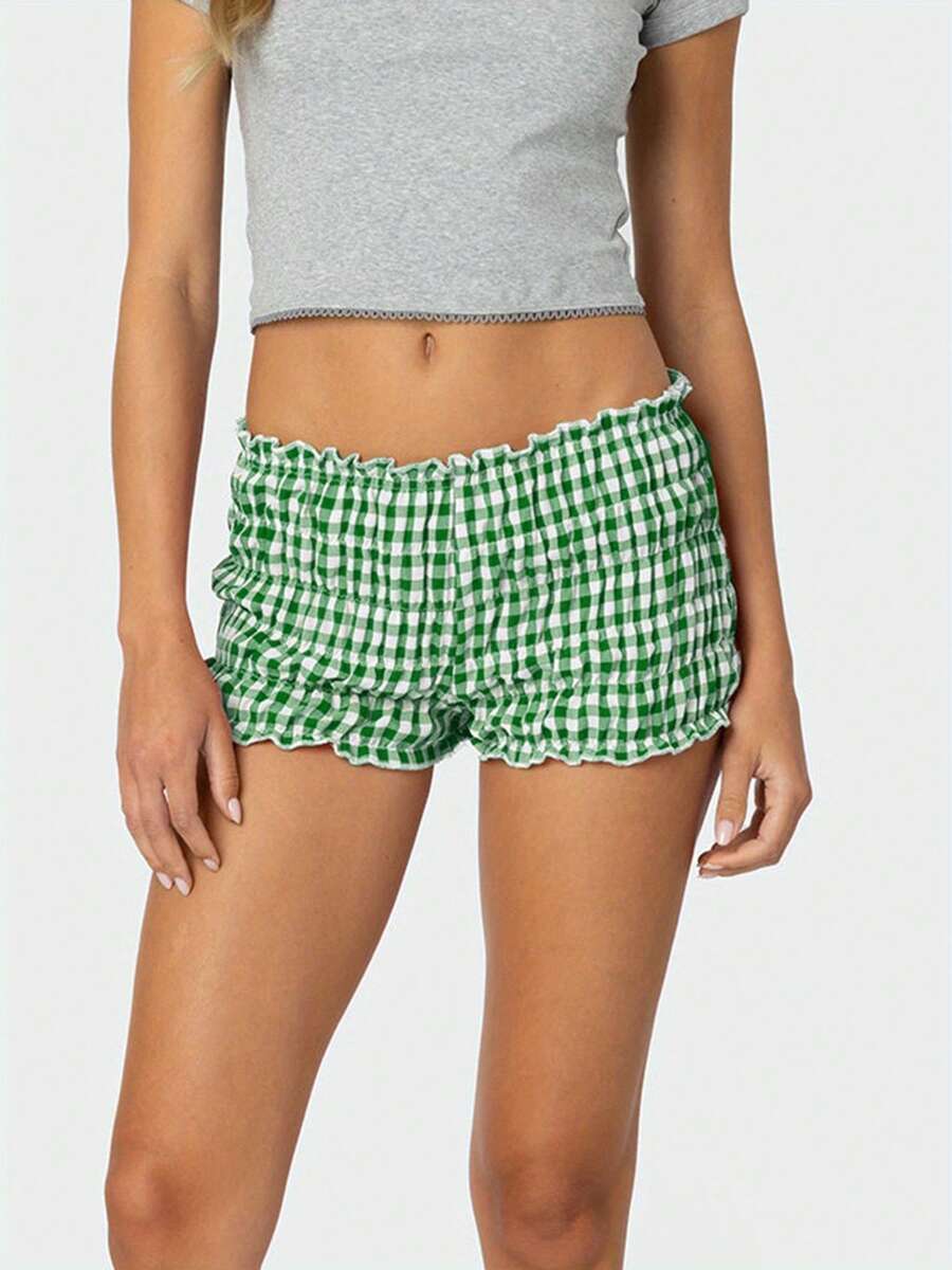 Women Ruffle Plaid Shorts Cute Pettipants Low Waist Ruched Short Pants - Verde - Ver 1