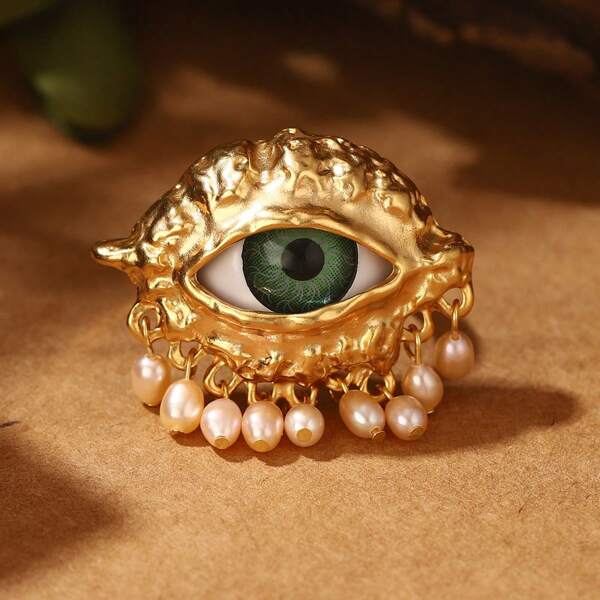 1pc Vintage Copper-Plated Golden Devil's Eye Natural Pink Pearl Open Ring, Women's Accessory, Gift For Date, Party