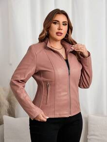 Giolshon 女士加大码休闲时尚骑行夹克，适合通勤和街头摄影，仿皮夹克，适合秋冬春季穿着。 - 粉色 - 查看 7