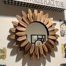 1 Stück Spiegel im böhmischen Sonnenblumen-Stil mit 1 Stück rundem Holzrahmen, Retro-Stil Wandspiegel für Eingangsbereich, Schlafzimmer oder Wohnzimmer, böhmische Heimdekoration