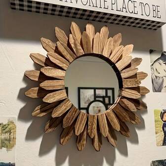 1 stuk Boheemse zonnebloemstijl spiegel 1 stuk houten ronde lijst huisdecoratie, retro-stijl wandspiegel entree slaapkamer of woonkamer Boheemse stijl huisdecoratie spiegel