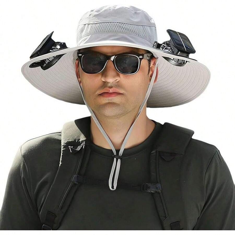 Wide Brim Solar Fan Outdoor Fishing Hat, Solar&USB Charging Sunscreen Sun Hat For Men Women, Sun Hat UPF 50+ With 2 Fans - 淺灰色 - 查看 1