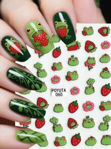 1pc Cute Cartoon Frog Nail Art Stickers, Self-Adhesive Plastic Nail Decals With Frog, Leaves, Strawberry, Flower Designs, Glossy Surface, Asymmetrical Shapes, Disposable DIY Nail Salon Supplies For Women