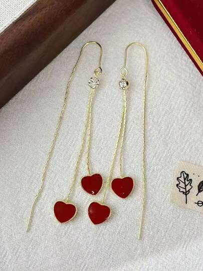 1 Pair Lady Commuter Style Black Double Heart Design Dangle Earrings, Daily Wear For Women