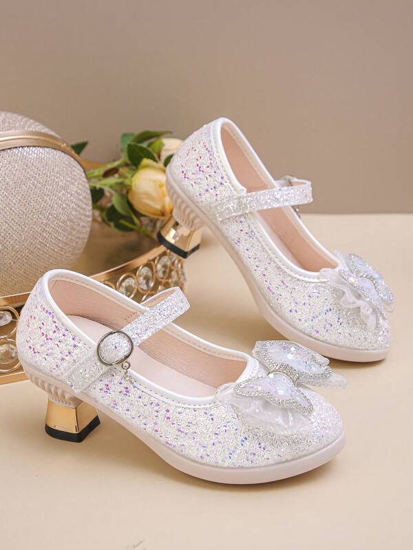 Sapatos de salto alto grossos e estilosos para crianças, sapatos de princesa com glitter para meninas, adequados para primavera e outono