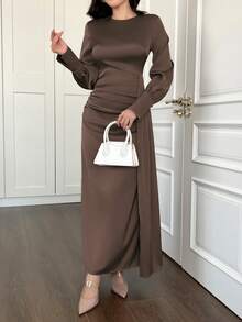 Robe de soirée élégante et simple à col rond en satin plissé, robe à manches longues pour le printemps/automne, Eid - brun - Voir 3