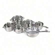 带玻璃盖的高品质不锈钢厨具套装，包括煎锅、不粘煎锅、炒锅、平底锅、炖锅和双耳汤锅。耐腐蚀，厨房必备配件。适用于电磁炉、燃气灶和电炉。 - 銀 - 查看 8