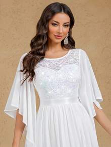 MIUSOL Elegant Sequin Floral Lace Butterfly Sleeve Chiffon Pleated Hem Wedding Maxi Dress, Formal Evening Gown, Party Dress, Wedding Guest Dress