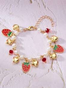 1 件青少年新款珍珠手链可爱百搭樱桃心草莓珍珠水晶手链