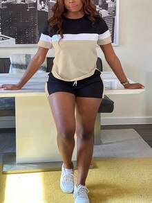2pcs/Set Women's Summer Sports Set, Fashionable Color Blocking Round Neck Short Sleeve T-Shirt And Drawstring Shorts - Multicolor - View 2