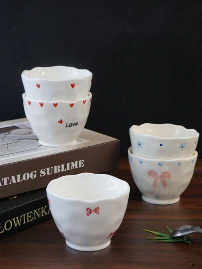 1pc/5pcs Cute Cartoon Heart & Bow Handle Ceramic Mugs, Family Gathering Tableware, Breakfast Milk Cup, Afternoon Tea Coffee Cup, Holiday Souvenir, Birthday Gift Back To School