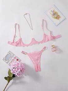 Sexy Pink Lace Hollow-Out Sheer Lingerie Set For Women, With An Elegant Hollow-Out Design That Highlights Charming Figure - 粉色 - 查看 1