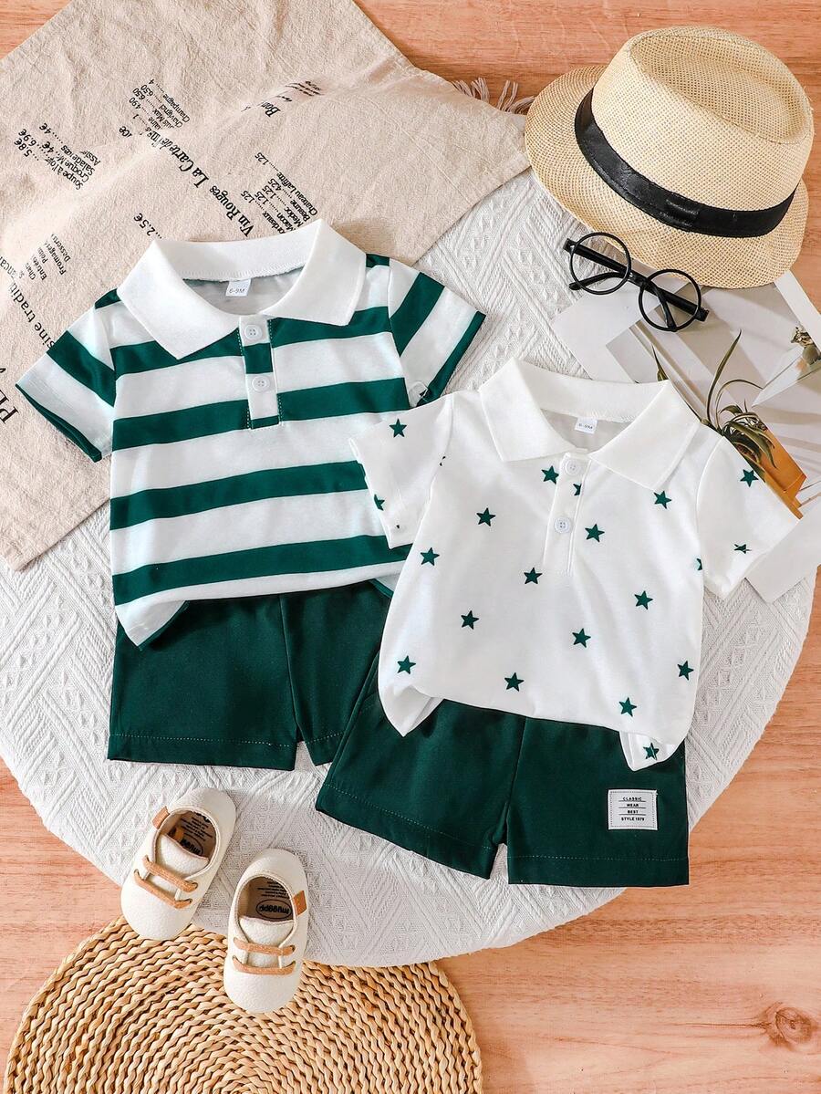 4pcs/Set Toddler Boys Fashion Casual Star & Stripe Patterned Short Sleeve Top And Solid Color Shorts Summer Outfit