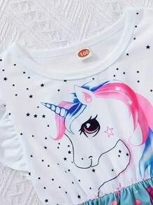 Girls' Fashion Cap Sleeve Dress, Unicorn Print Patchwork Dress, Cute Princess Dress For Girls, Summer