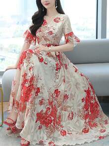 Elegant Women's Floral Dress - Lotus Leaf Sleeves, Tie Bow, Temperament V-Neck - Summer Romantic Bohemian Style Long Printed Skirt