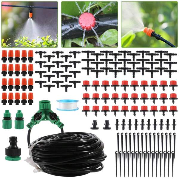 78 piezas Kit de riego por goteo, adecuado para patio, césped, jardín, invernadero, plantas con sistema de nebulización, manguera de 0.64 cm, sistema de suministro de agua de 49 pies / 15 m